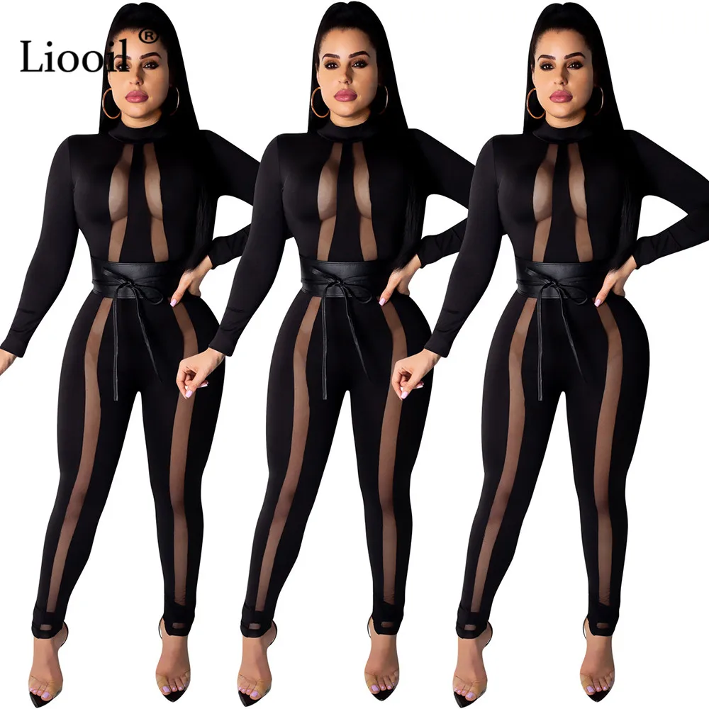 Liooil Black Mesh Sheer Sexy Tight Jumpsuits Fall Long Sleeve O Neck Hollow Out PU Belt Party Club Rompers Womens Jumpsuit