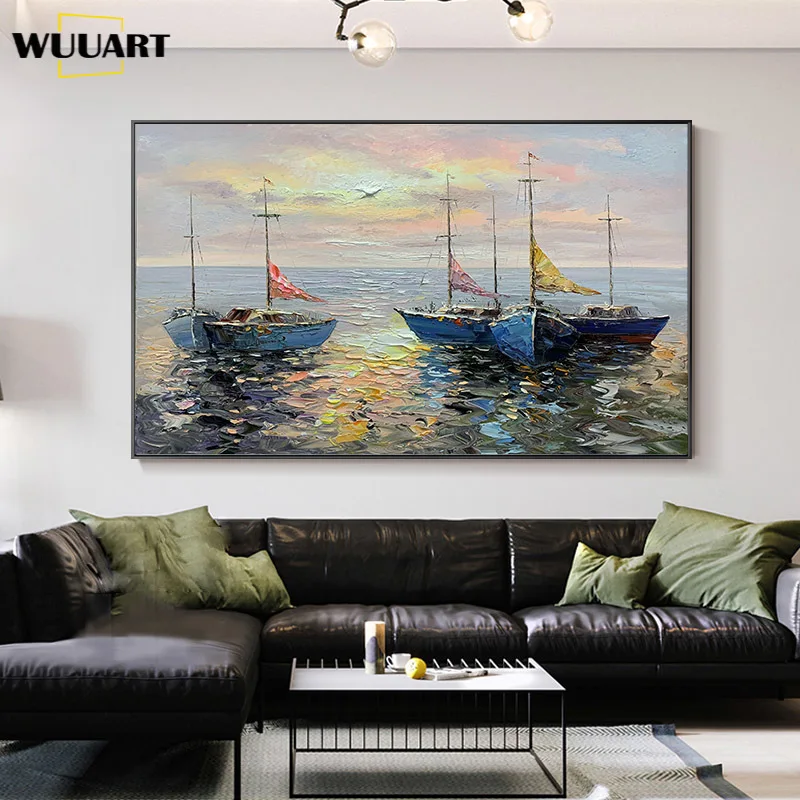 

Handmade Sailing Boat Landscape Oil Painting On Canvas Wall Art Picture Paintings Large Salon Office Home Decoration Unframed