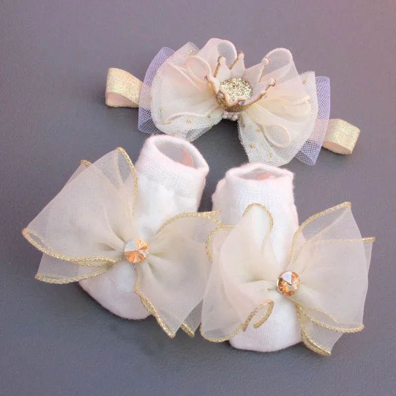 Elastic Bab Headband Socks Set 2 Pcs/Set Lace Flower Newborn Girl Short Socks Bow Crown Infant Baby Turban