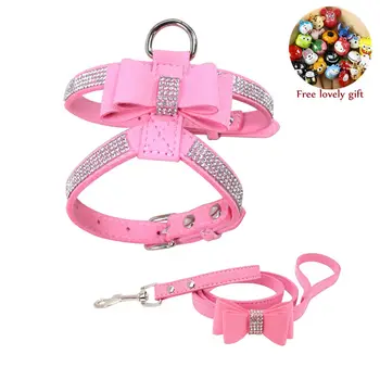 

Light Reflective Dog Harness Leash Set for Small Medium Dogs Cats Harness Suede Leather Bling Rhinestone Bowknot Dog Accessories