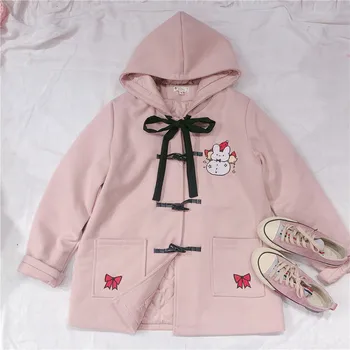 

Loose Horn buckle College style Cat Embroidery Coat Women Thicken Winter Jacket Ladies Cute Outerwear Coat Warm Small Fresh Coat