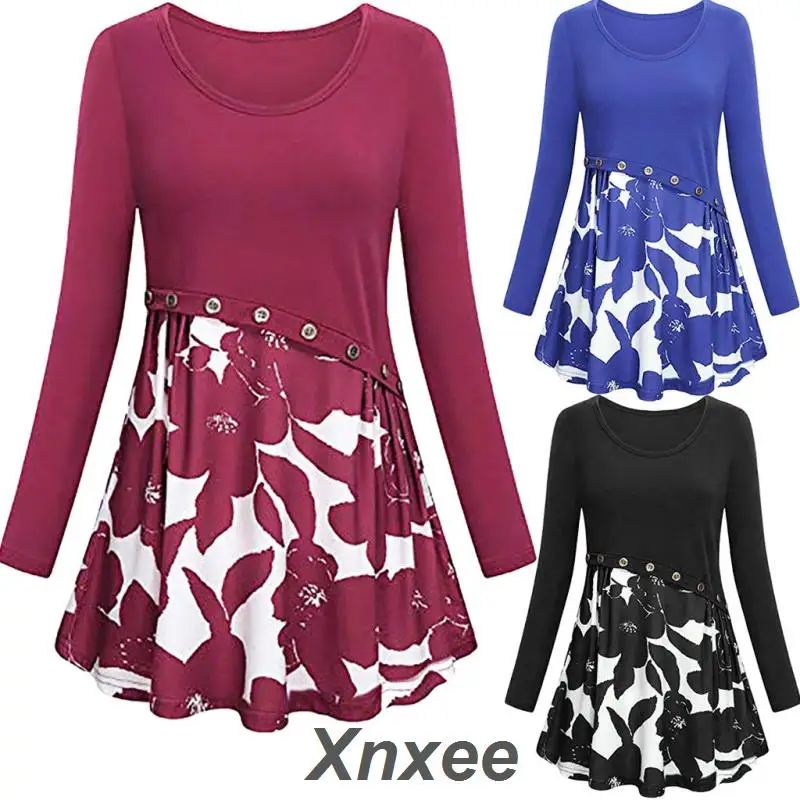 Women Printing Button Long Sleeve Tunic Blouse Shirts Blouse Autumn Lady Loose Casual Tops Blusas Women Blouse Xnxee