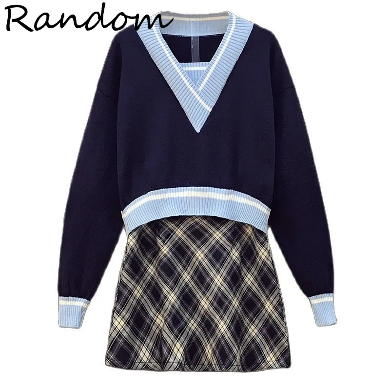 Plus Size Women Uniform Suit Sweet Sweater Top And Plaid Woolen Skirt Two Piece Set Outfit Winter Y2K Cute High Street Clothing |