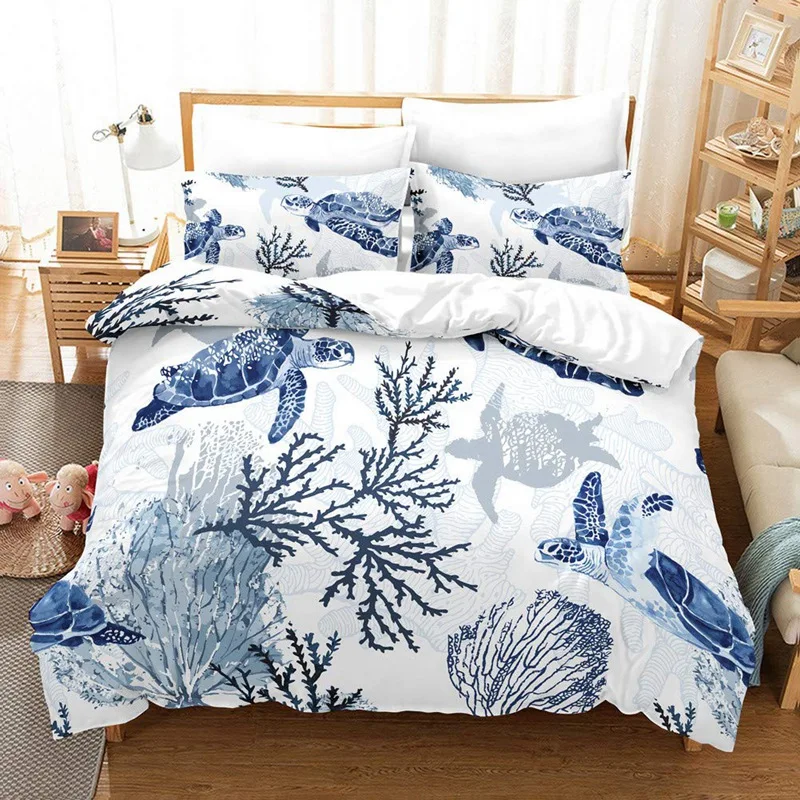 

Hot Sale Blue Turtle Bedding Sea Turtle Duvet Cover Set Turtle and Sea Plants Printed Design Blue Ocean Bedding Sets Twin