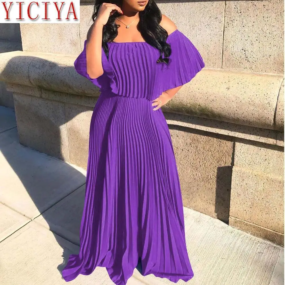 

2020 Off Shoulder Dresses Pleated Long Dress Women Party Dress Maxi Ruffle Solid Purple Blue Autumn Dresses Elegant Vestidos