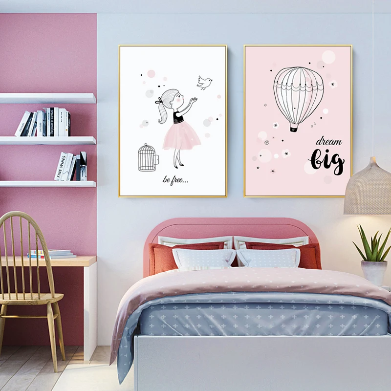 Nursery-Cartoon-Posters-Litter-Pink-Girl-Swing-Balloon-Canvas-Painting-For-Kid-s-Room-Wall-Decor (2)