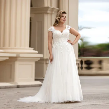 

Verbazingwekkende Trouwjurk Plus Size Nieuwe Collectie V-hals Cap Sleeve Een Lijn Bruidsjurken Tulle Lace Applique Robe De marie
