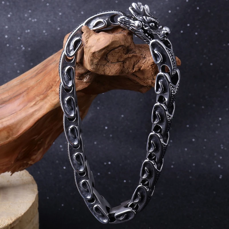 Pulsera De Acero Inoxidable Para Hombre Con Diseño De Dragón Y Muelles, Estilo Retro, Ajustable - COOLSTEELANDBEYOND