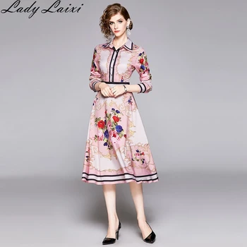 

High quality 2020 Spring Newest Runway Designer Dress Women's long Sleeve Turn-down Collar Floral Printed Dress
