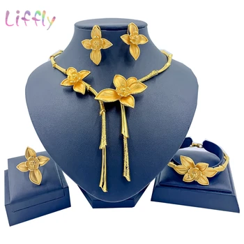 

African Jewelry Set Exaggerated Style Party Big Necklace Flower Shape Bracelet Earrings for Women Ring Fashion Jewelry