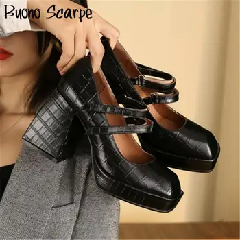 

Gennuine Leather Mary Janes Shoes Chunky High Heel Pumps Brand Designed Platform Sandalias Square Toe Leather Pumps Heel Shoes