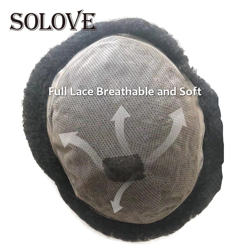 

Парик Solove афро-Toupee на все лицо для черных мужчин, индийские человеческие волосы, мужские парики, натуральные мужские волосы, протез 120% цветов, парик 1B