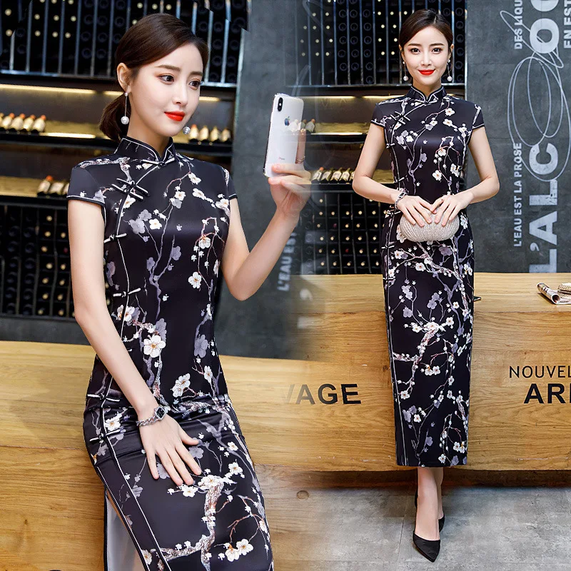 Черное винтажное китайское стильное длинное платье Ципао ручной работы на пуговицах, женское традиционное платье с воротником-стойкой, размеры S-4XL