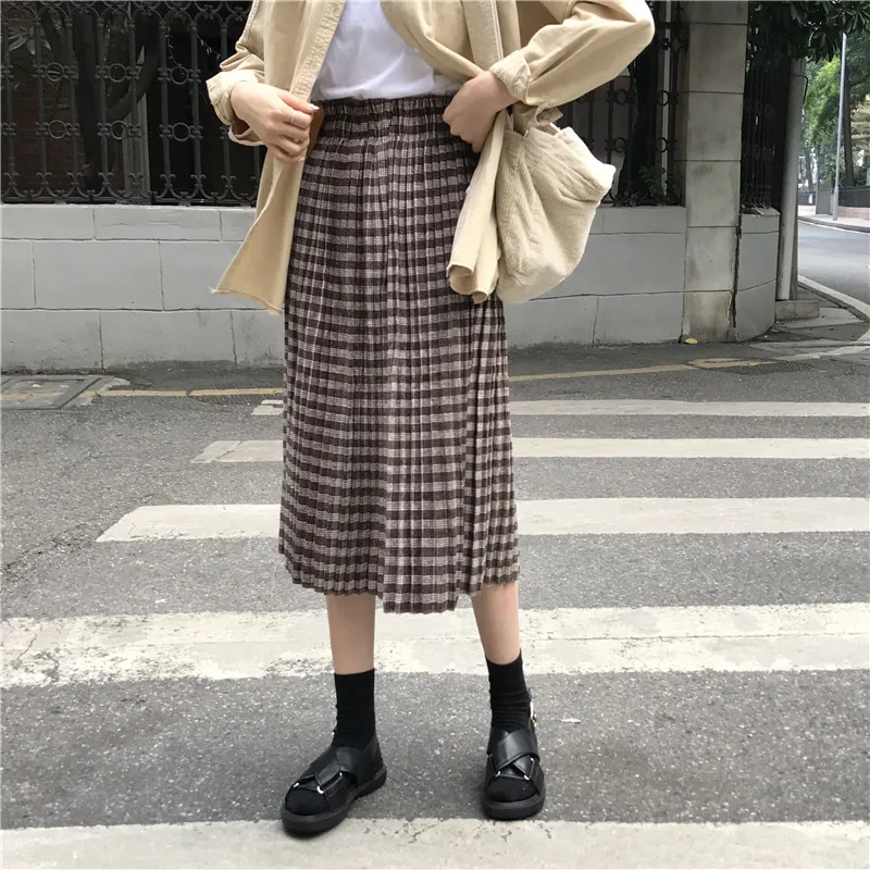 Корейская Ulzzang осень зима женская уличная юбка высокая талия черный хаки плед Jupe Femme элегантные винтажные плиссированные юбки миди
