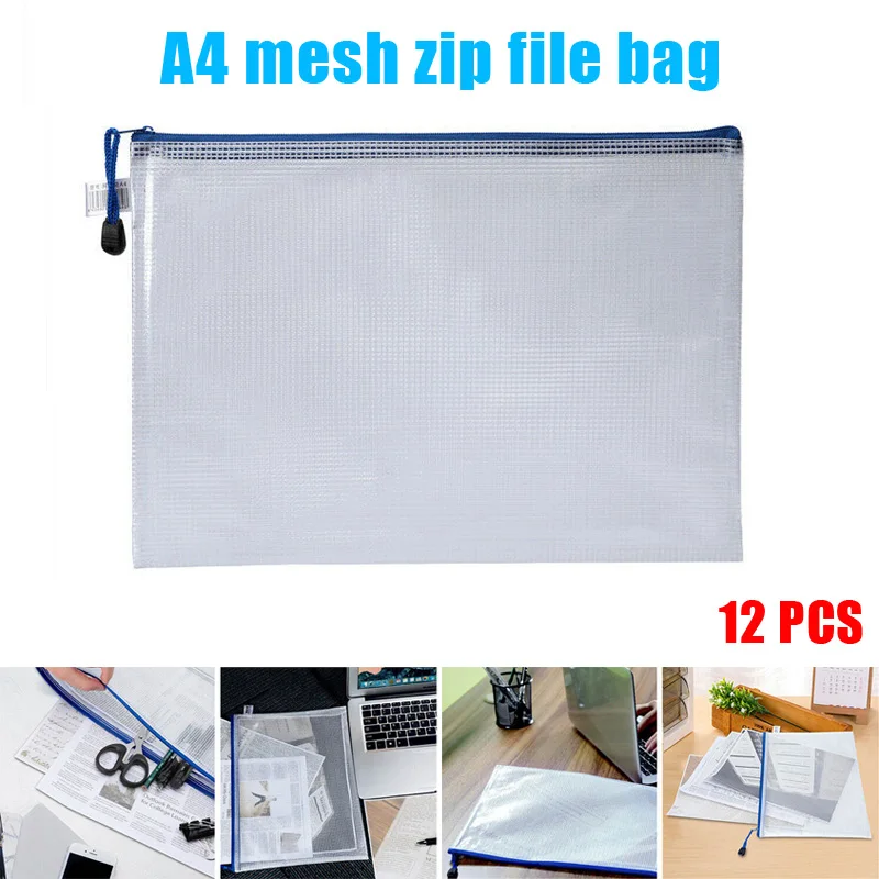 

12pcs Files Zipper Bag Waterproof Pencil Mesh Pouch Holder for Documents Cosmetic OUJ99