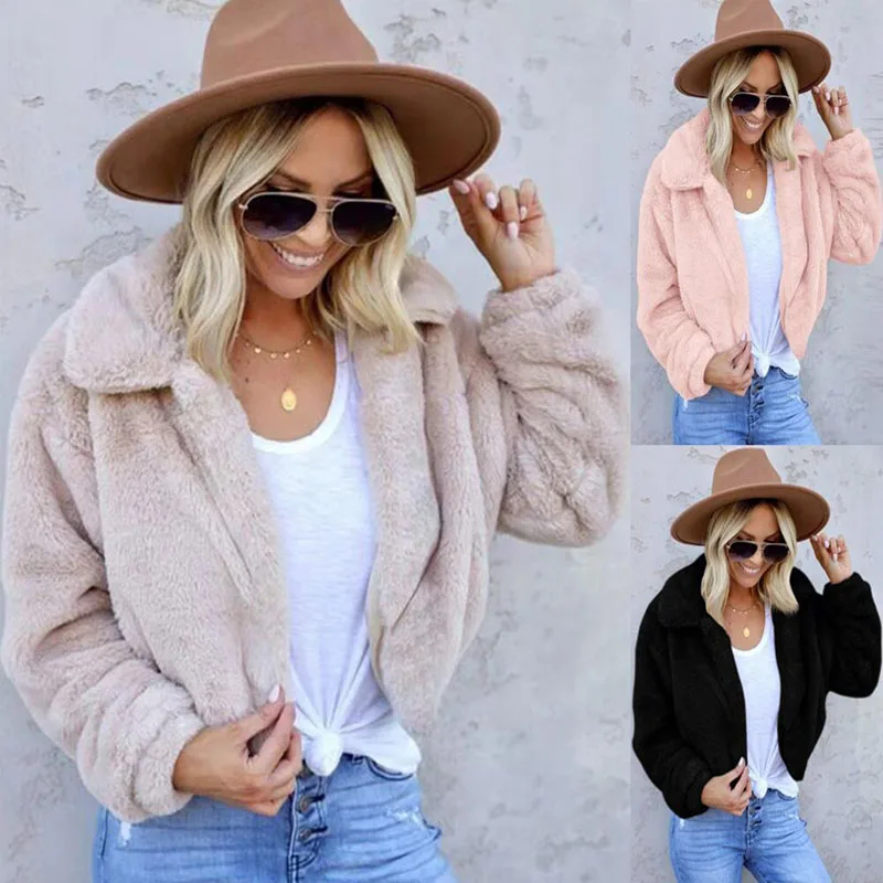 Autumn Winter Warm clothes Women jacket plush coat Faux Fur Fluffy fleece Hoodie Velvet Sweaters cardigan Black Outerwear S-5XL | Женская