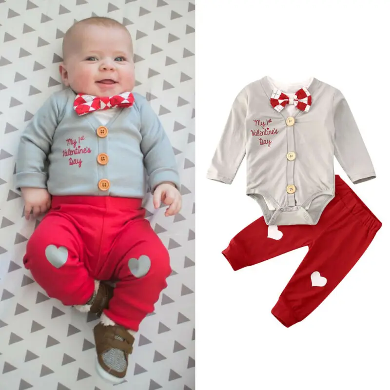 1St Valentines Day Kid Baby Boy Gentleman Tops Romper Long Pant 3PCS