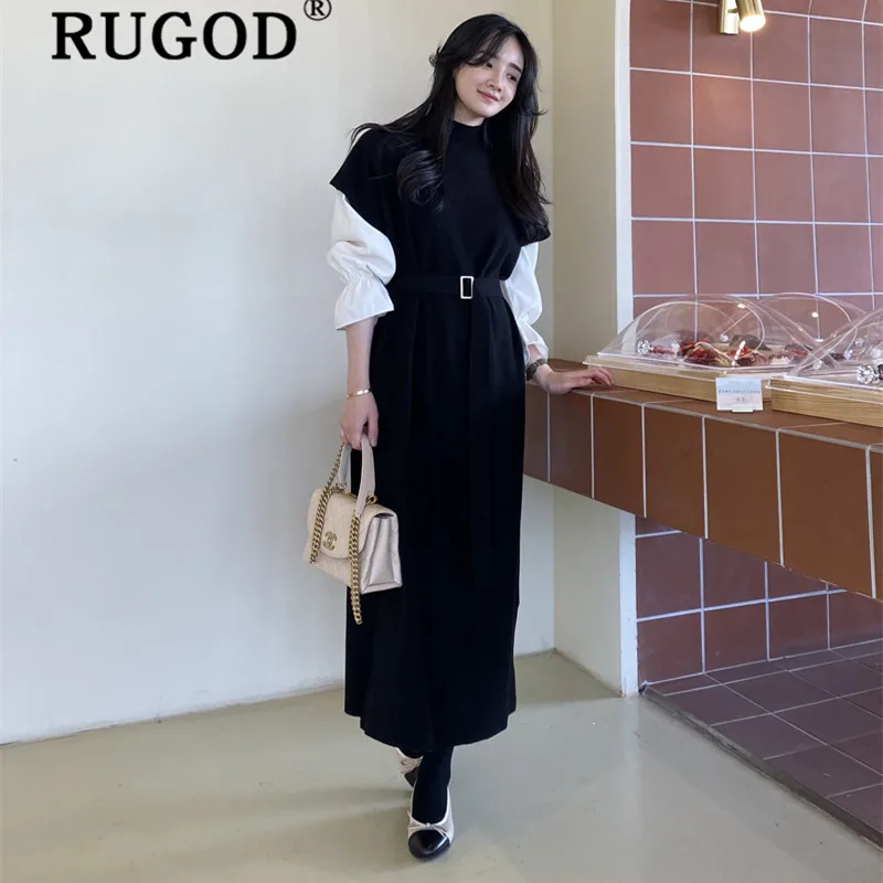 RUGOD элегантное лоскутное женское платье Новая мода с расклешенными рукавами длинные офисные женские Платья vestidos Элегантные повседневные платья