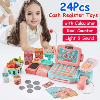 

24pcs Supermarket Cash Register Simulation Counter Cashier Role Play Electronic Toys Kids Pretend Play Set for Boys Girls