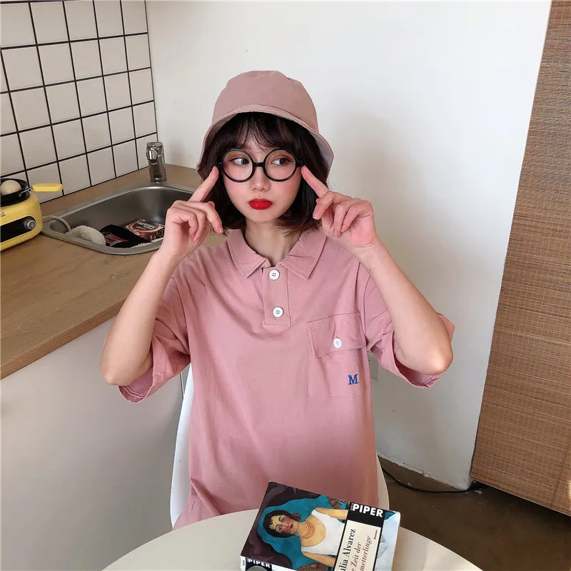 2020 Summer Cotton White Shirt Women Short Sleeve Lapel Polo Shirt Female Cute Pink Ladies Top Casual Loose Dark Blue Tunic Gril