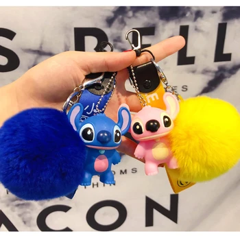 

Cute Fur Keychain Pvc Stitch Keychain Fluffy Pompom Keychains Holder Leather Rope Keyring Car Small Pendant Gits Model Toy