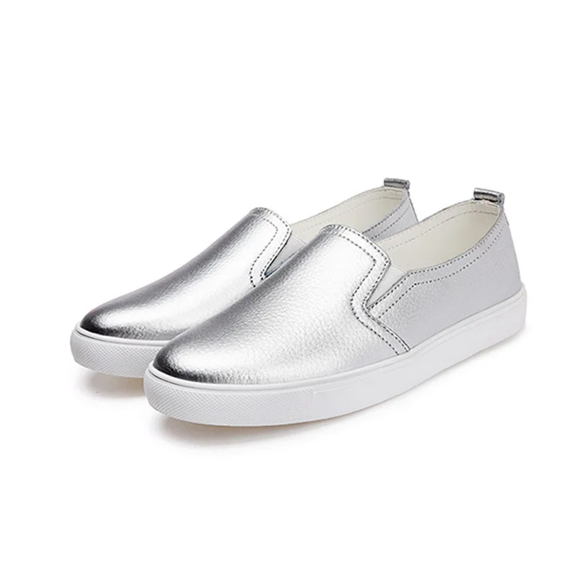 

Genuine Leather Loafers New Spring Boat Shoes Woman Slip on Loafers Nice Ballet Flats Women Shoes Sliver White Black Shoes