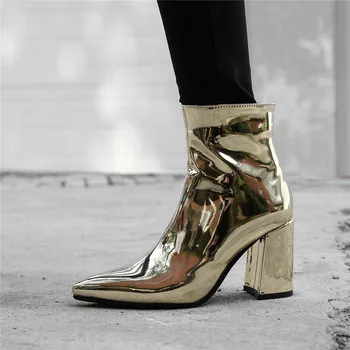 

2018 Fashion Winter Wedding Shoes Block High Heel Ladies Shoes Women Gold Silver Black Bling Patent Leather Ankle Boots