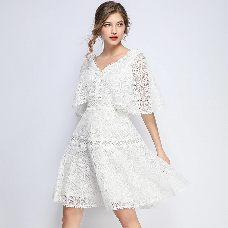 Новое Женское летнее черное кружевное платье с v-образным вырезом Vestidos De Verano Mujeres повседневное вечернее платье с рукавом в виде листа лотоса zomer jurk KA029