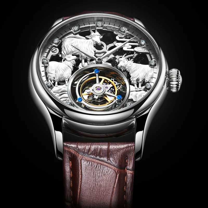 Nuovo Pecore Zodiaco Mens Di Scheletro Tourbillon Della Vigilanza Superiore Di Marca Di Lusso Tourbillon Orologio Da Uomo Orologi Da Polso Meccanici O