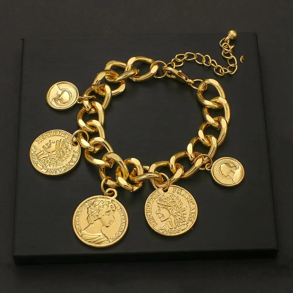 Flashbuy Gold Color Chain Coins Bracelet Personality Vintage Portrait Charms Bracelets For Women Fashion Accessories