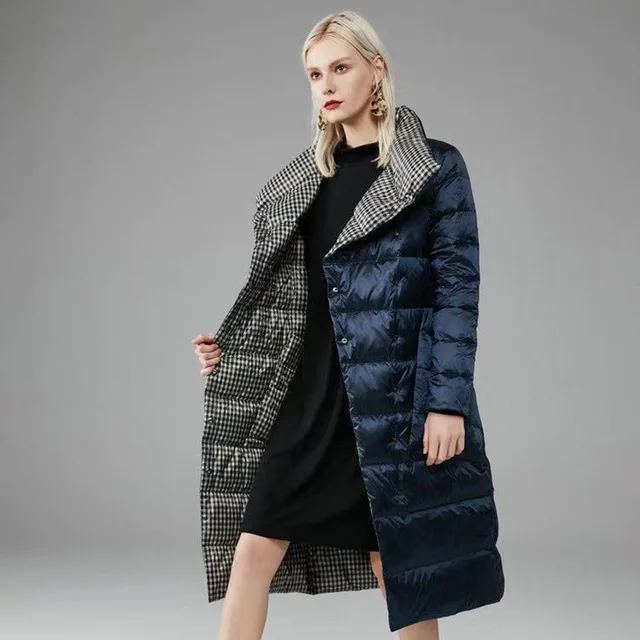 

Winter double face wear thick warm natural goose down coats female plaid pattern longer down parkas warm goose Down coat F1850