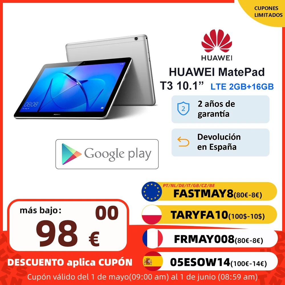 Versión global HUAWEI MediaPad T3 4G LTE 2GB 16GB Google Play Pantalla IPS de 9.6 Modo de luz baja y modo de protección ocular 4.800 mAh