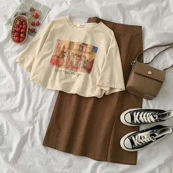 

Elegant Vintage Skirt Set Women Casual Short Sleeve Print T-shirt + High Waist Maxi A-line Skirt Matching Set Two Pieces Suit