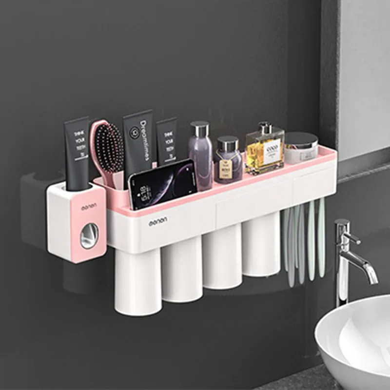 Toothbrush Holder Wall Mounted Automatic Toothpaste Dispenser Storage Rack Hair Dryer Holder Tissue Box Bathroom Accessories Set - Цвет: 4 Pink add