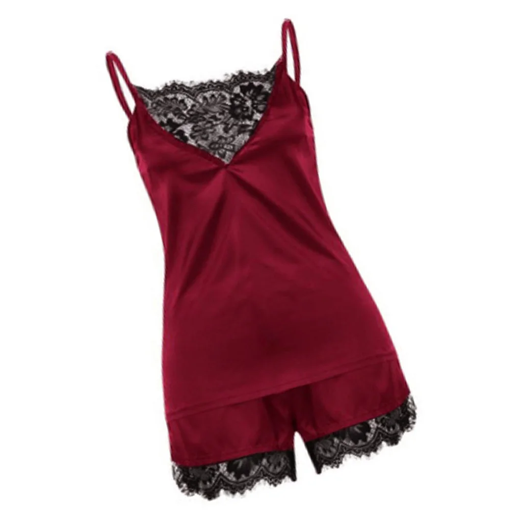 Cami Top and Shorts Pajama Wine Red Women's Lace Satin Sleepwear Womens Sexy Lingerie Satin Nightwear