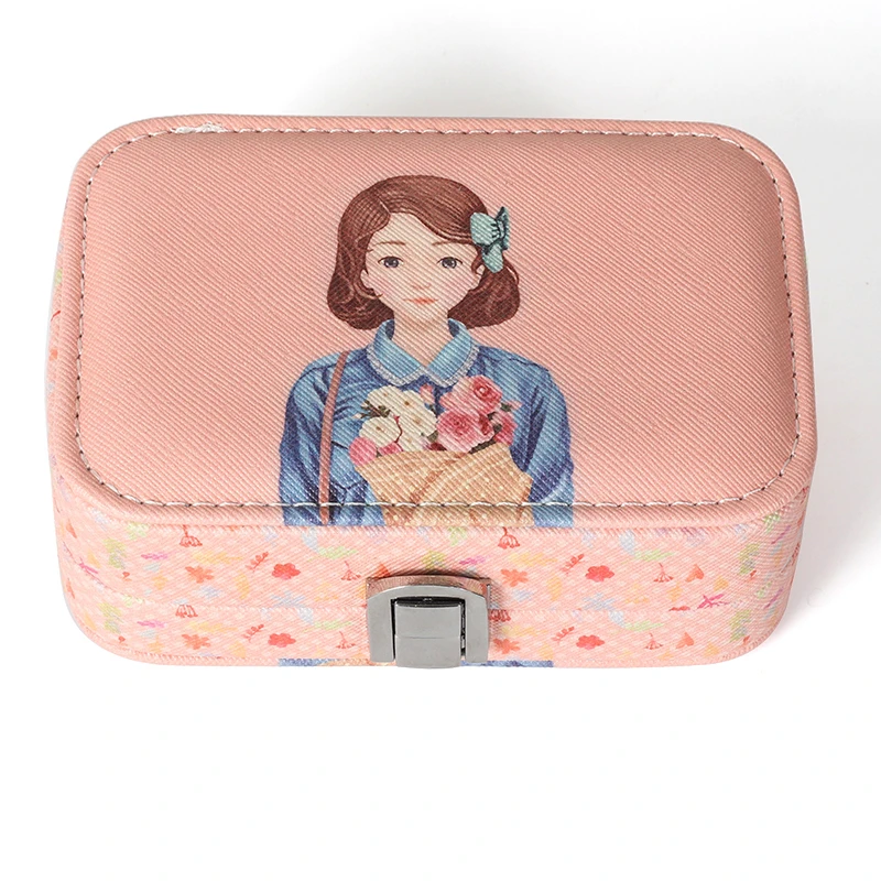 

New Female Beautiful Girl Pattern PU Leather Portable Makeup Jewelry Earring Button Storage Box Mirror For Lover Birthday Gift