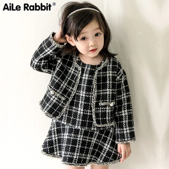 

2019 New Brand Autumn Winter Girls Suit Jacket + Dress 2 Pcs Set Classic Black And White Lattice Style Kids Clothing K1