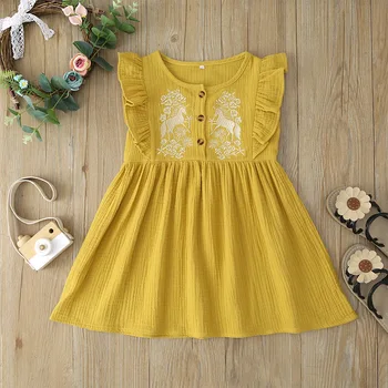 

Summer 2020 Girls Dress Girls Summer Cute Dress Sleeveless Embroidery Ruffles Yellow Button Cute Dress Vestidos 6M-5T