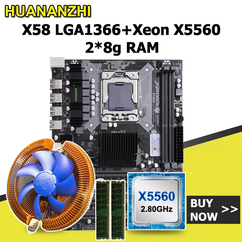 Комплект материнской платы HUANANZHI X58 LGA1366 с кулером ЦП ОЗУ Xeon X5560 память 16 Гб (2*8 ГБ)