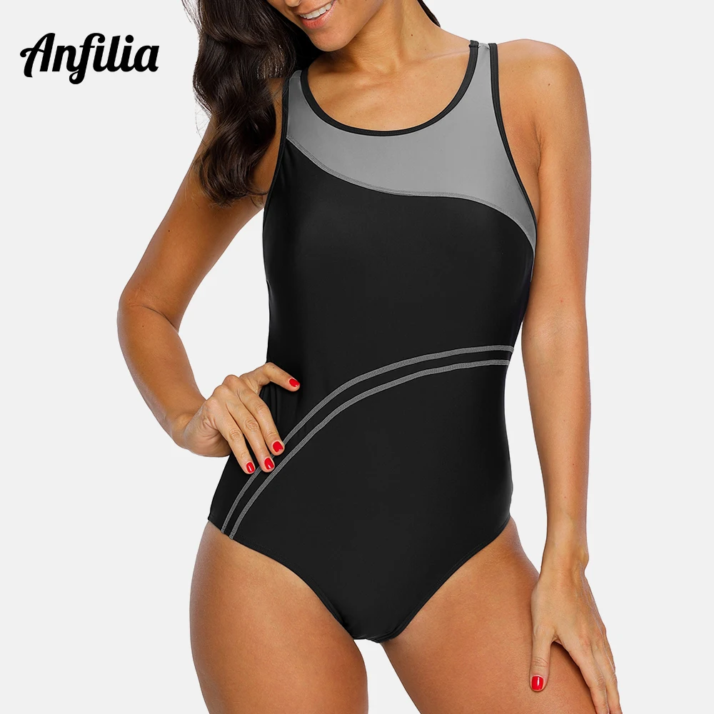 

Anfilia One Piece Women Sports Swimwear sport swimsuit patchwork swimsuit Striped Swimsuit Women Bikini Beach Wear Bathing Suit