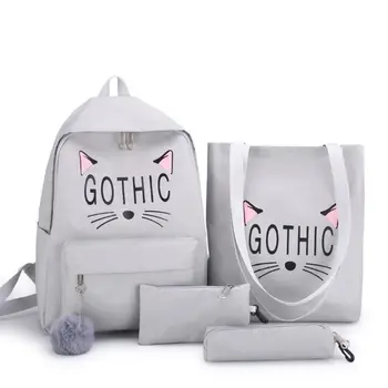 

4pcs Canvas Backpack Cute Lightweight Teen Girls Daypacks School Shoulder Bags Bookbag Pencil Case Set