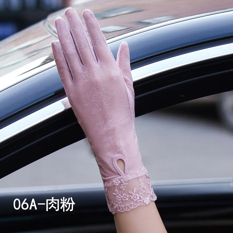 Модный сексуальный прозрачный шелк перчатки с сенсорным экраном солнцезащитный крем для женщин анти-УФ Лето вождения противоскользящие велосипедные эластичные кружевные перчатки 05A - Цвет: 06A Pink