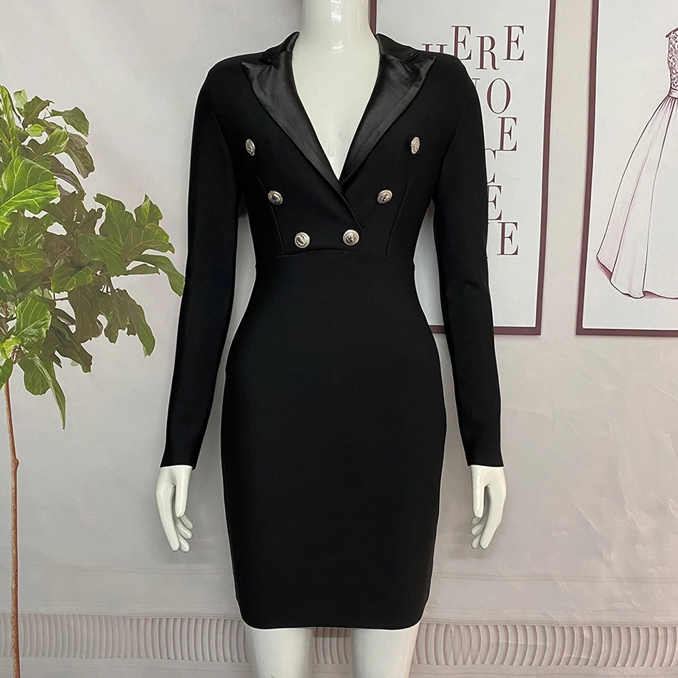 Free Shipping Elegant Rayon Bandage Dress Women Lapel Long Sleeve Double Breast Button Skinny Bodycon Mini Dress Party Vestidos