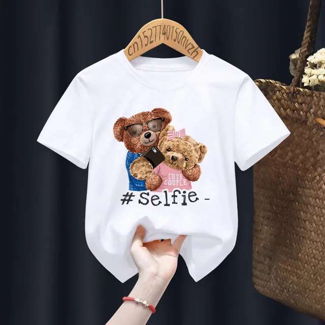 Funny Bear Riding Motorcycle Print Boy Girl White T-shirt Kid Summer Harajuku Kawaii Funny Little Baby Y2K Clothes,Drop Ship 3