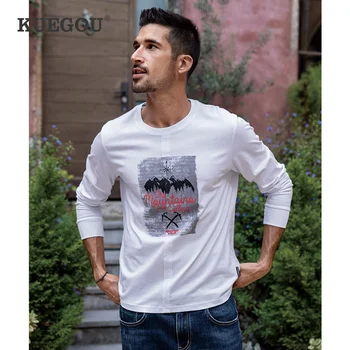 

KUEGOU 100% Cotton Clothing 2020 Spring Man T-shirt Long Sleeve Printing Tshirt Autumn Fashion White T Shirt Men Top ZT-88003