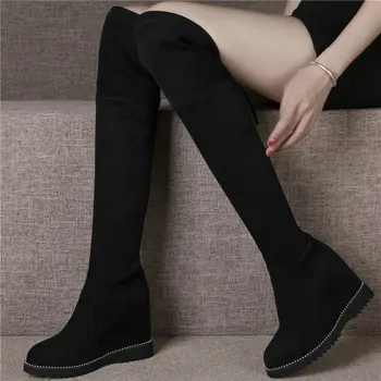 

Black Grey Women Genuine Leather Stretchy Hidden Wedges High Heel Over The Knee High Boots Female Lace Up Platform Pumps Shoes