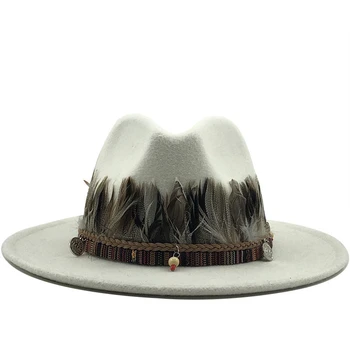Sombrero Fedora de lana con plumas para hombre y mujer, elegante Sombrero con visera ancha, Jazz, iglesia, Panamá, para invierno y otoño