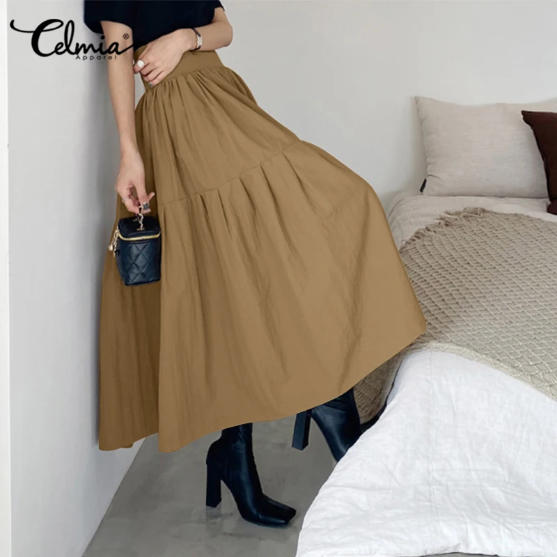 Celmia Korean Swing Party Skirt 2023 Fashion Pleated Casual Loose A-line Skirt Women's Holiday Zipper High Waist Midi Jupes