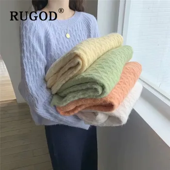 

RUGOD Autumn Winter New Style Candy Color Vintage O-neck Pullover Diomand Pattern Thicken Cropped Knitted Sweater Women