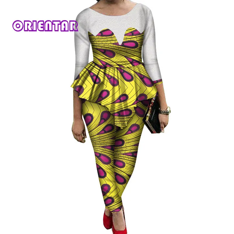 2 Pieces Sets Women African Pants Sets African Wax Print Long Sleeve Lace Tops and Pants Women Bazin Riche African Suits WY689 - Цвет: 3